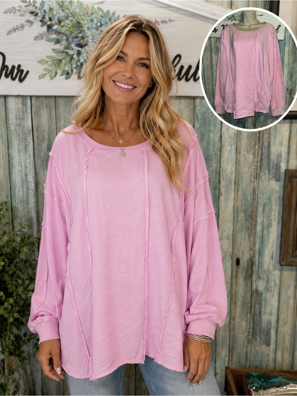 🦋BlueVelvet  XL Pink Raw-Seam Long Sleeve Pullover BV1004